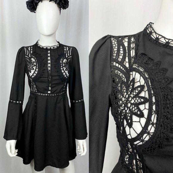 Storets gothic witchy bell sleeve peek-a-boo lace mini swing dress small - Picture 2 of 6